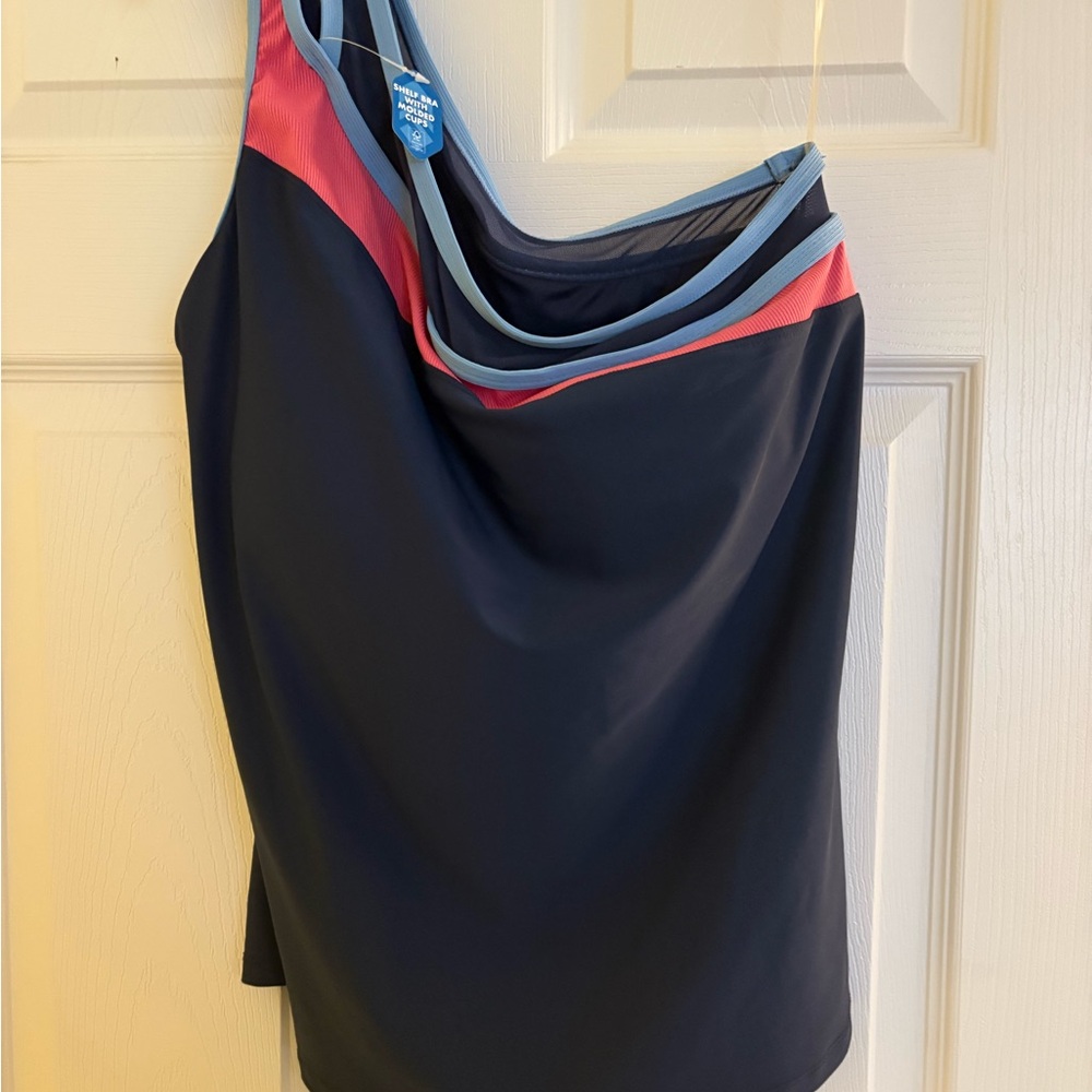 NWT Stylish Navy and Pink Tank Top one shoulder Swim suit and swim shorts